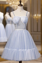 Light Blue Tulle Sweetheart Straps Party Dress, Light Blue Homecoming Dress