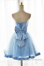 Light Blue Tulle Sweetheart With Bow Cute Prom Dresses Blue Short Homecoming Dresses