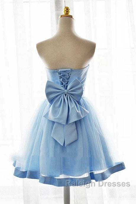 Light Blue Tulle Sweetheart With Bow Cute Prom Dresses Blue Short Homecoming Dresses