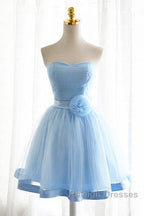 Light Blue Tulle Sweetheart With Bow Cute Prom Dresses Blue Short Homecoming Dresses Prom Dresses