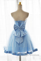 Light Blue Tulle Sweetheart With Bow Cute Party Dress, Blue Short Homecoming Dress Prom Dress