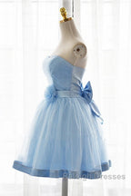 Light Blue Tulle Sweetheart With Bow Cute Party Dress, Blue Short Homecoming Dress Prom Dress