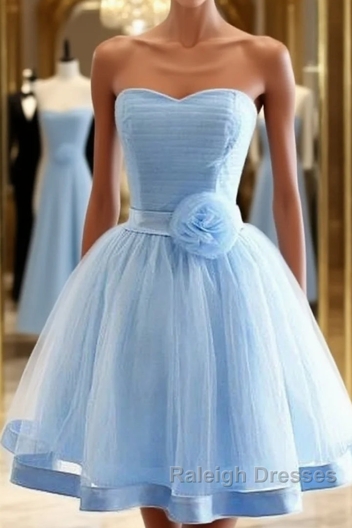 Light Blue Tulle Sweetheart With Bow Cute Prom Dresses Blue Short Homecoming Dresses Prom Dresses