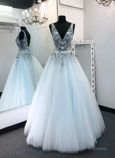 Light Blue Tulle V Neck Long A Line Prom Dress Formal Dress Graduation Dress Main image