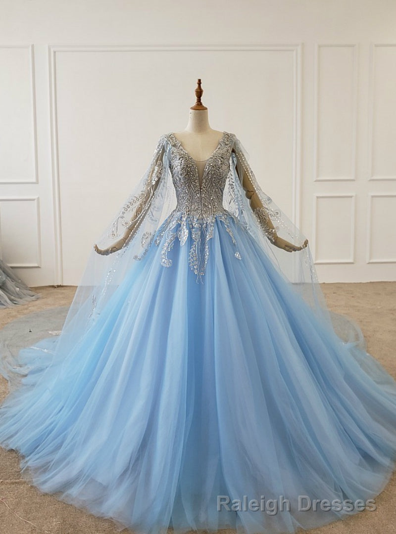 Light Blue Tulle V-neck See Through Back Beading Sequins Wedding Dress Main image