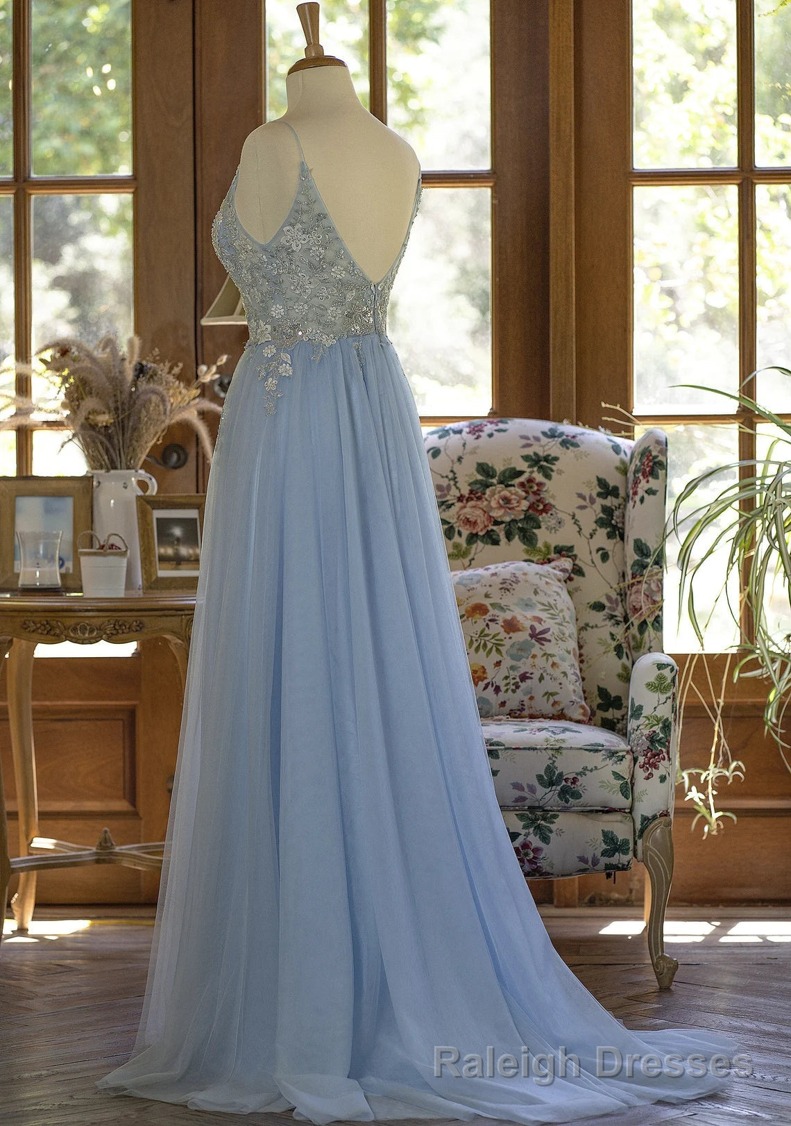 Light Blue Tulle V-neckline Straps with Lace Long Party Dress, Blue A-line Prom Dress Secondary image