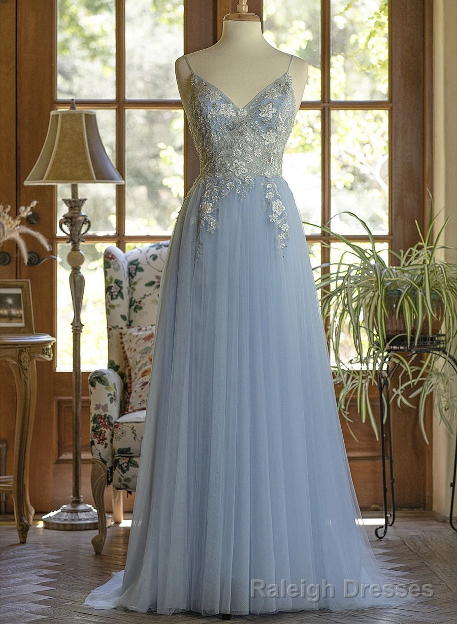 Light Blue Tulle V Neckline Straps with Lace Long Prom Dress, Blue A Line Prom Dress