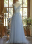 Light Blue Tulle V Neckline Straps with Lace Long Prom Dress, Blue A Line Prom Dress