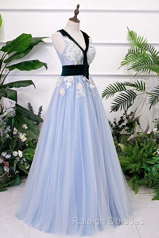 Light Blue Tulle With Flowers Lace Long Evening Dress Prom Dress, A-Li