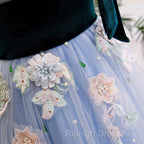 Light Blue Tulle With Flowers Lace Long Prom Dresseses A-Line Prom Dress