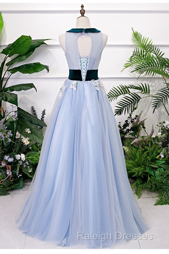 Light Blue Tulle With Flowers Lace Long Evening Dress Prom Dress, A-Line Party Dresses