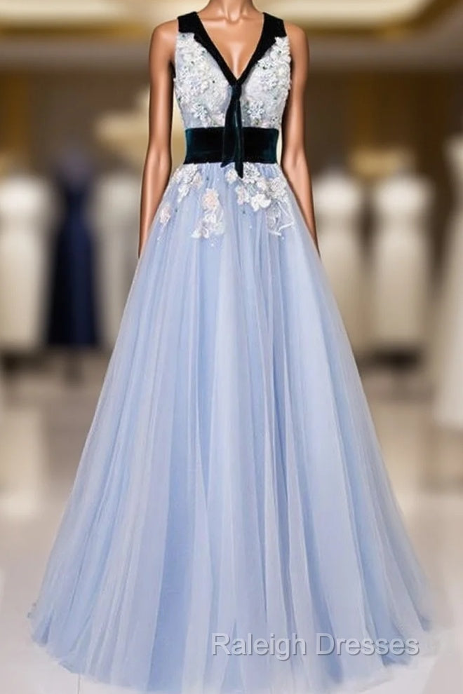 Light Blue Tulle With Flowers Lace Long Evening Dress Prom Dress, A-Line Party Dresses Main image