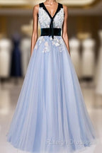 Light Blue Tulle With Flowers Lace Long Evening Dress Prom Dress, A-Line Party Dresses