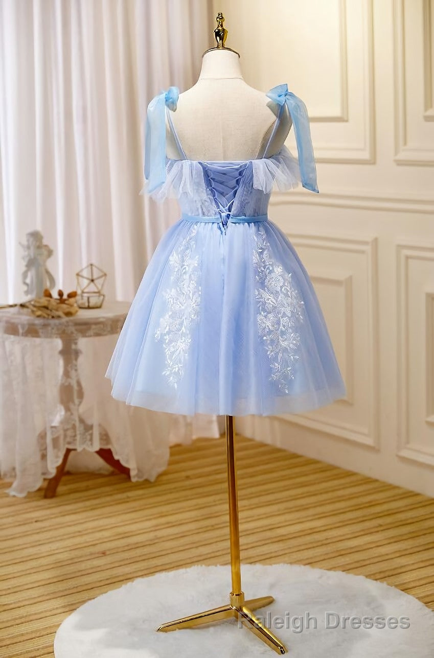 Light Blue Tulle with Lace Knee Length Prom Dress, Blue Homecoming Dresses