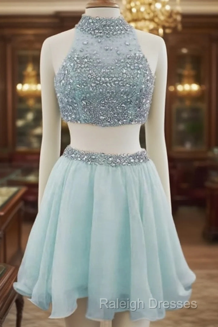 Light Blue Two Piece Homecoming Dress Beaded Halter Main image