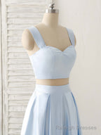 Light Blue Two Pieces Satin Long Prom Dress Simple Prom Dress