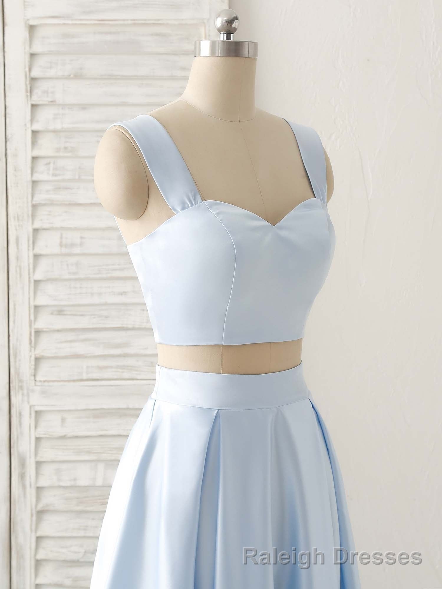 Light Blue Two Pieces Satin Long Prom Dress Simple Prom Dress