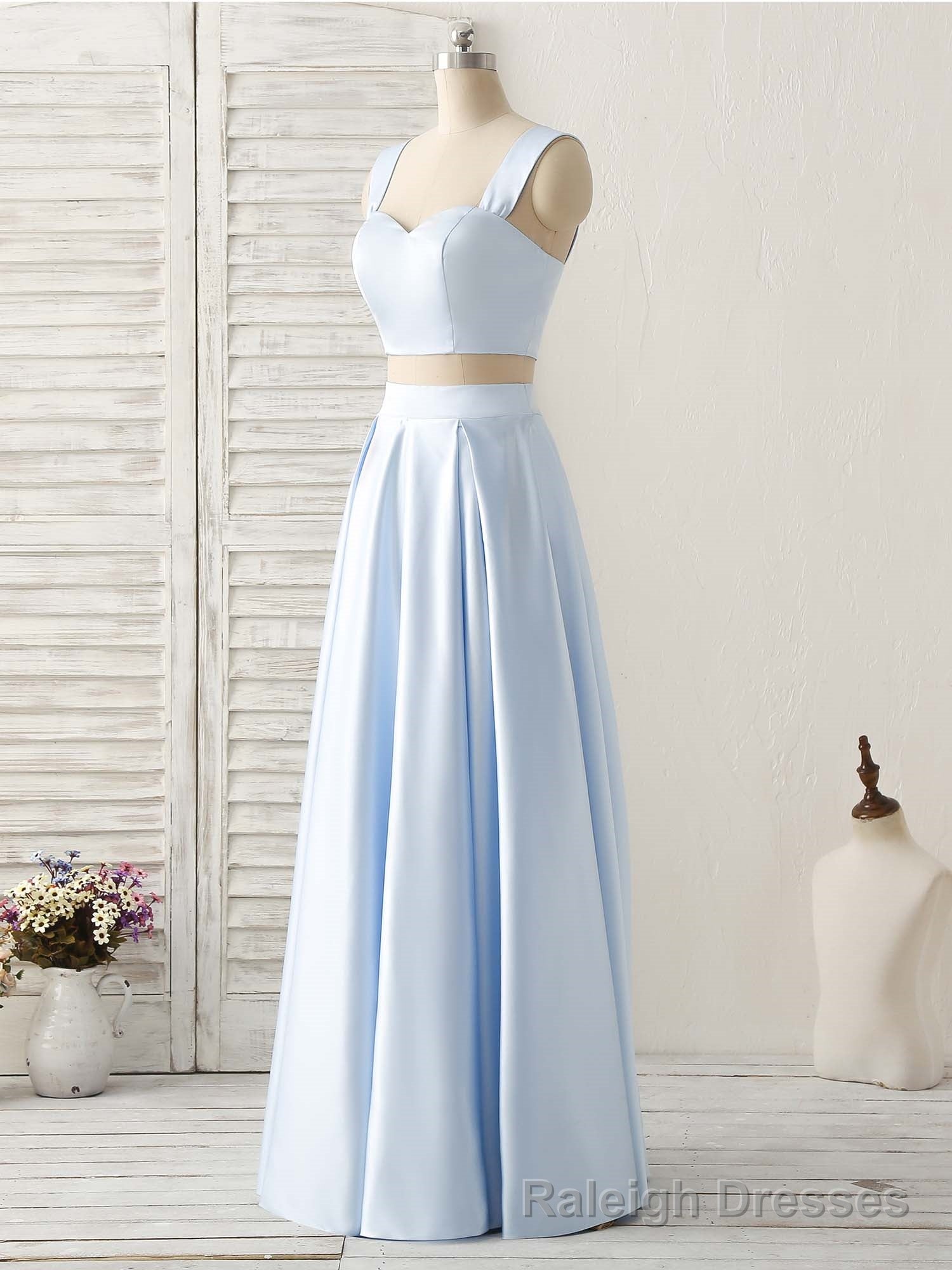Light Blue Two Pieces Satin Long Prom Dress Simple Evening Dress Secondary image