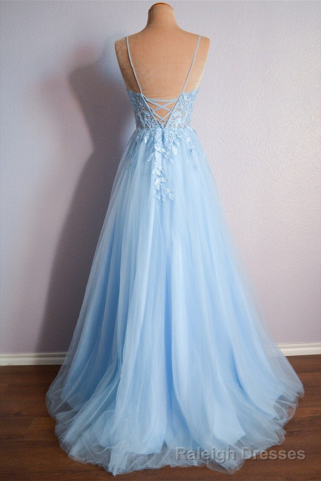 Light Blue V Neck Lace-Up Appliques Tulle Long Prom Dress Secondary image