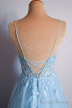 Light Blue V Neck Lace-Up Appliques Tulle Long Prom Dress