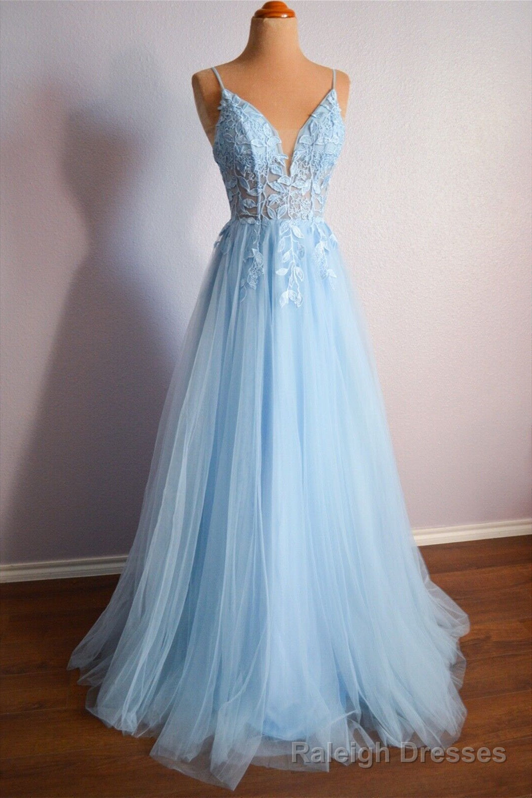 Light Blue V Neck Lace-Up Appliques Tulle Long Prom Dress Main image