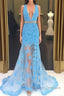 Light Blue V Neck Mermaid Lace Applique Long Prom Dresses, Lace Blue Formal Dresses, Evening Dresses