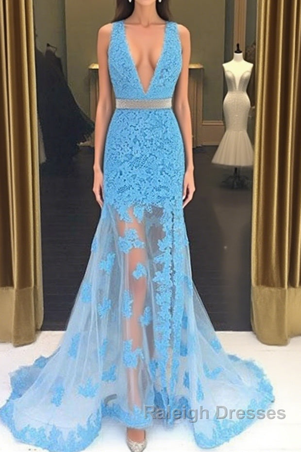 Light Blue V Neck Mermaid Lace Applique Long Prom Dress Lace Blue Prom Dress Main image