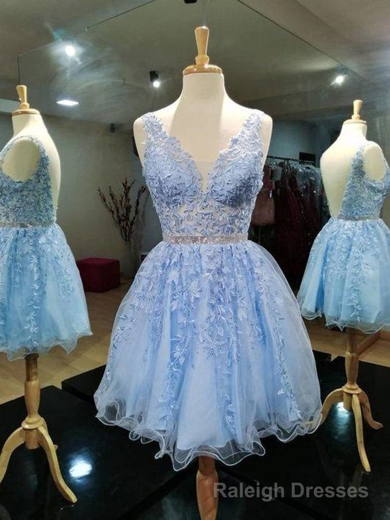 Light Blue V-neckline Knee Length Short Party Dress, Blue Homecoming Dresses Main image