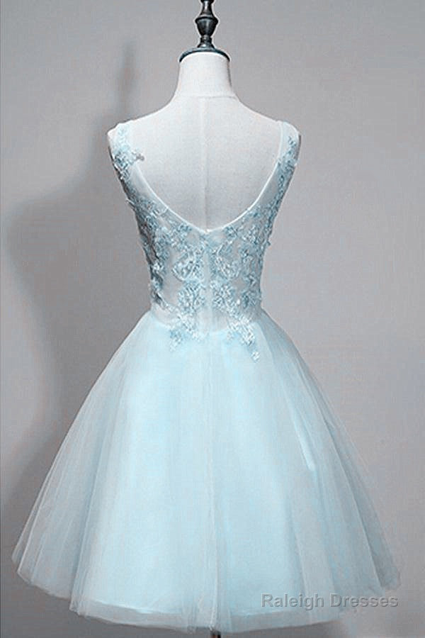 Light Blue V-Neckline Lace Applique Tulle Homecoming Dress, Low Back Short Prom Dress Secondary image