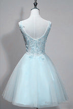 Light Blue V-Neckline Lace Applique Tulle Homecoming Dress, Low Back Short Prom Dress