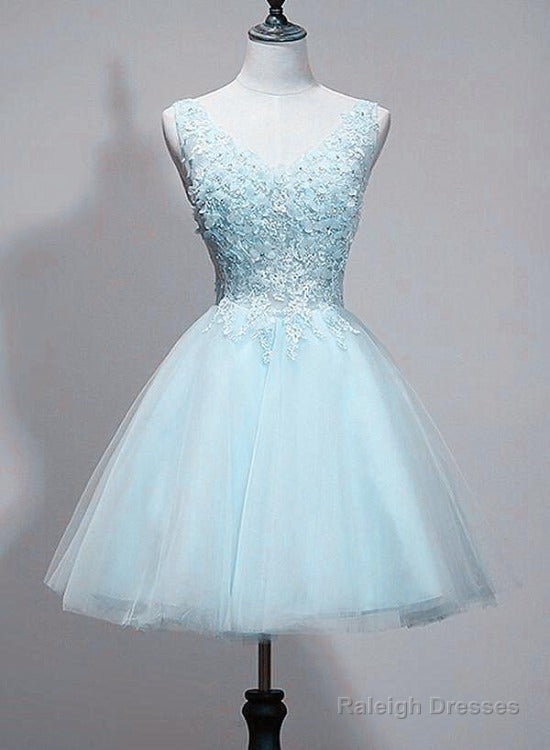 Light Blue V-Neckline Lace Applique Tulle Homecoming Dress, Low Back Short Prom Dress Main image