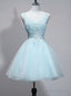 Light Blue V-Neckline Lace Applique Tulle Homecoming Dress, Low Back Short Prom Dress
