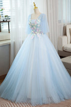 Light Blue V-Neckline Long Puffy Sleeves Party Dress, Blue Evening Gown