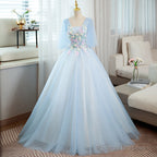 Light Blue V-Neckline Long Puffy Sleeves Party Dress, Blue Evening Gown