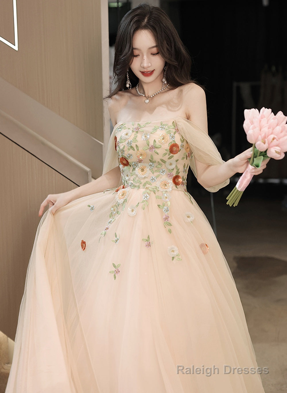 Light Champagne A-Line Off Shoulder Party Dress, Tulle With Lace Applique Prom Dress Secondary image
