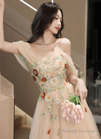 Light Champagne A-Line Off Shoulder Prom Dresses Tulle With Lace Applique Prom Dresses