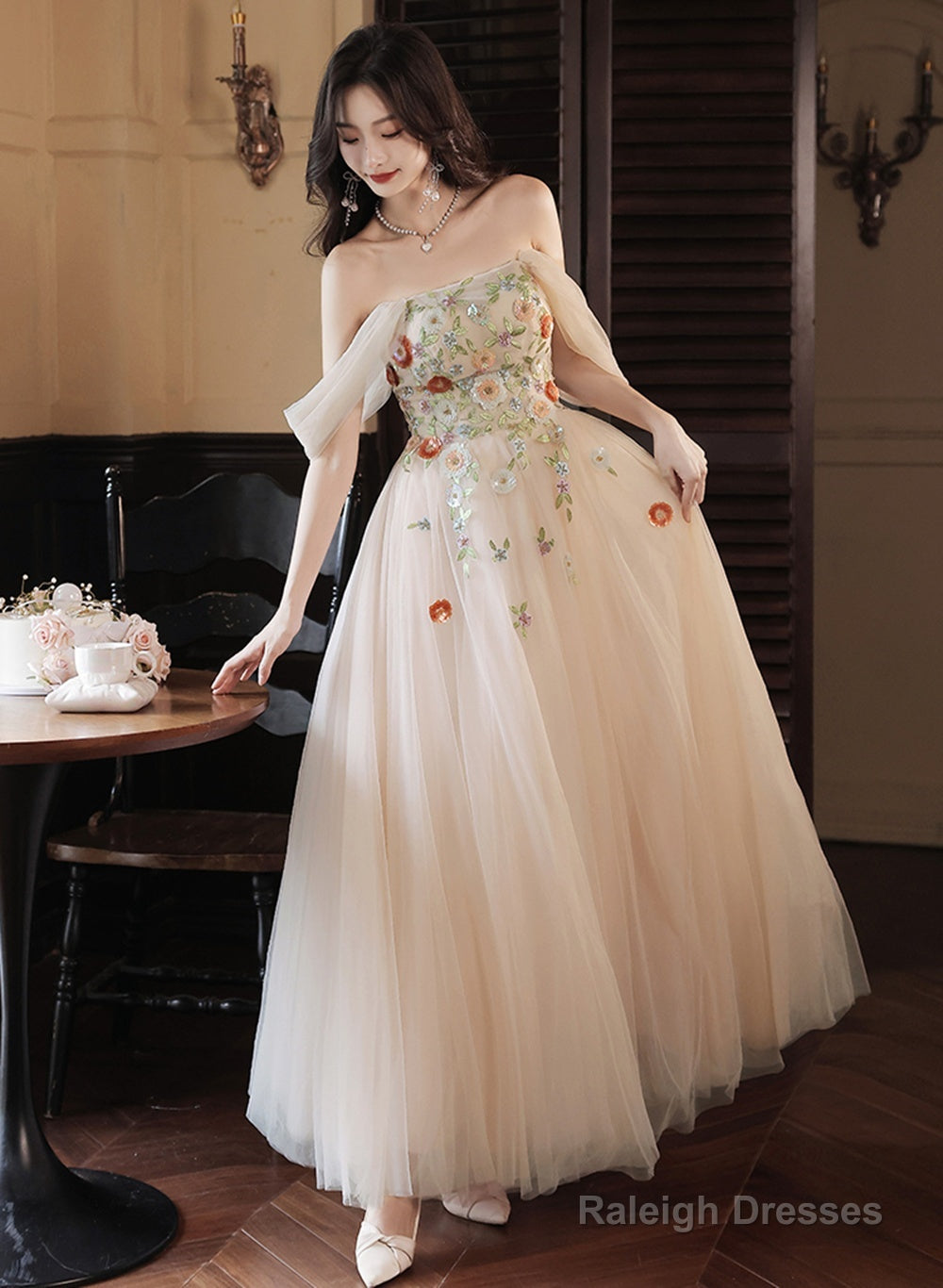Light Champagne A-Line Off Shoulder Party Dress, Tulle With Lace Applique Prom Dress Main image
