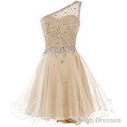 Light Champagne Beaded One Shoulder Chic Homecoming Dresses, Short Party Dress Prom Dresses