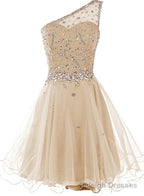 Light Champagne Beaded One Shoulder Chic Homecoming Dresses, Short Prom Dress