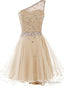 Light Champagne Beaded One Shoulder Chic Homecoming Dresses, Short Prom Dress