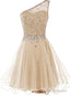 Light Champagne Beaded One Shoulder Chic Homecoming Dresses, Short Party Dress Prom Dresses