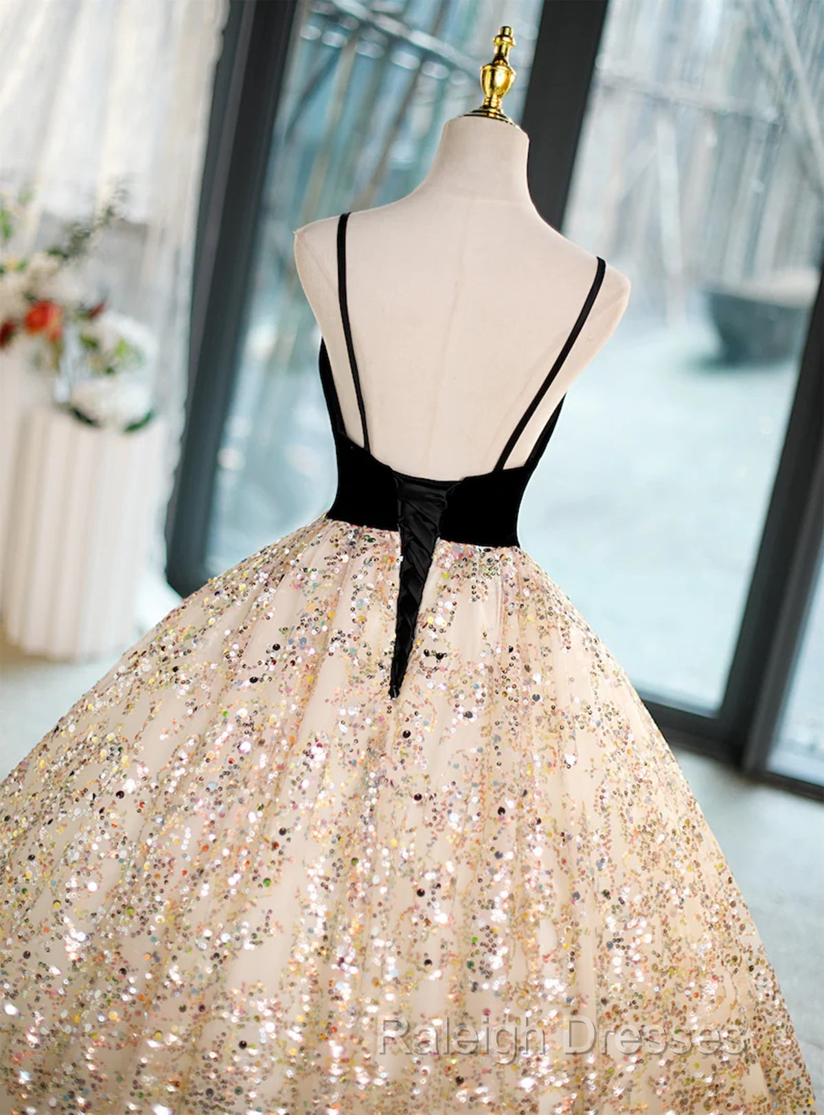 Light Champagne Beaded V-Neckline Party Dress, Cute Straps Long Prom Dress