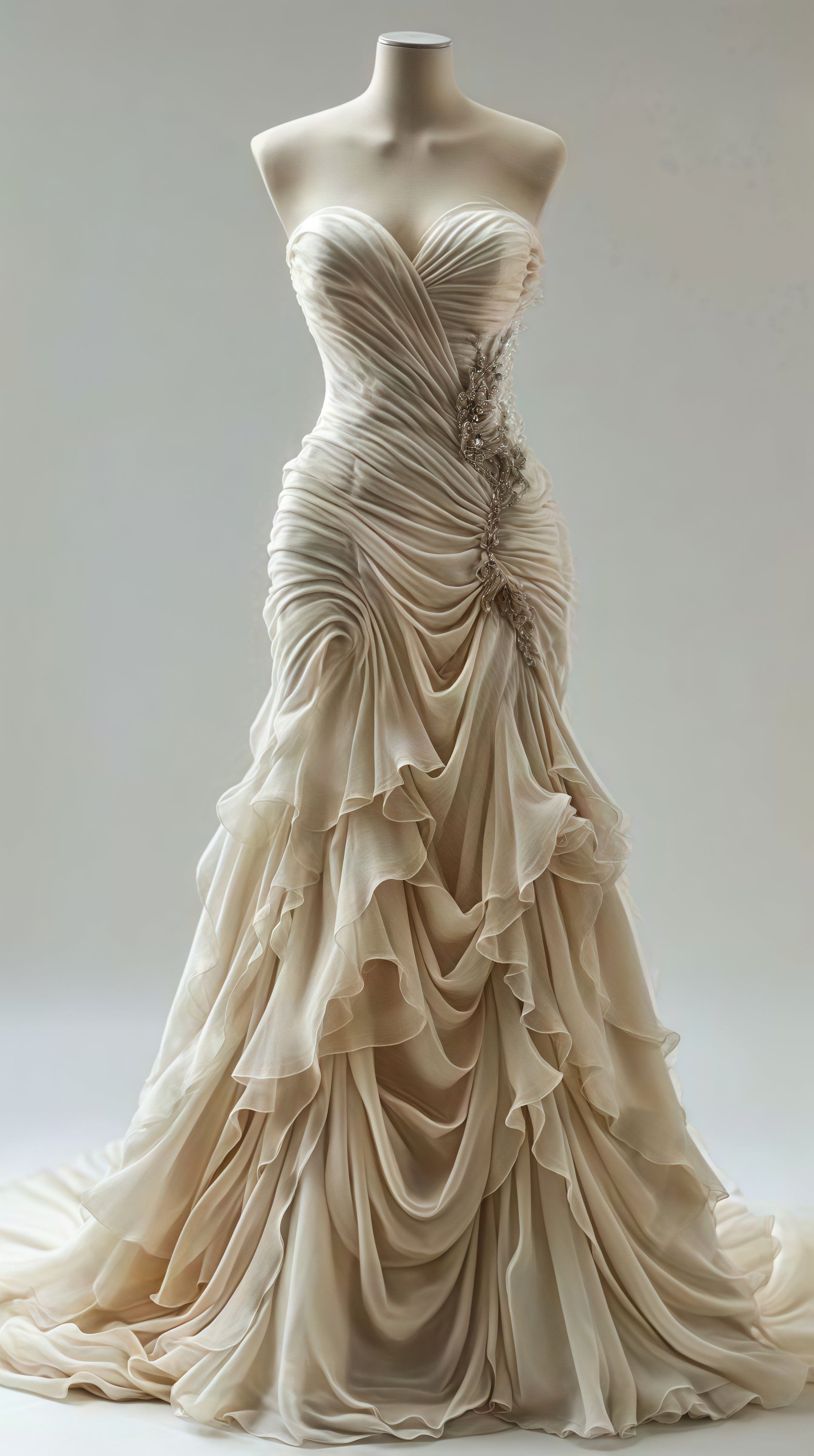Light Champagne Chiffon Ruffle Prom Dress With Applique Beads