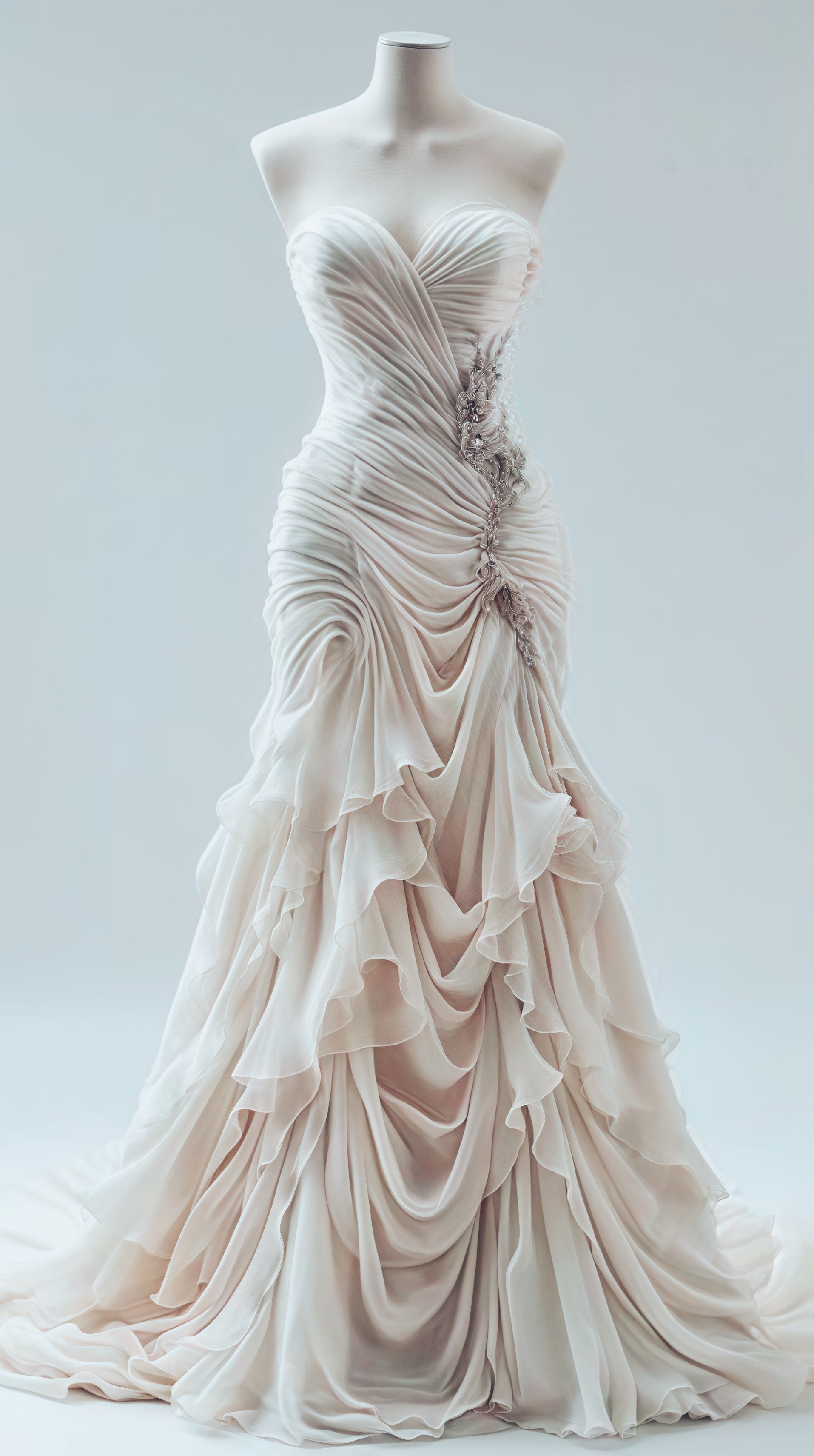 Light Champagne Chiffon Ruffle Prom Dress With Applique Beads