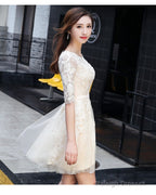 Light Champagne Cute Lace Short Party Dress, Lovely Lace Tulle Prom Dress Homecoming Dress