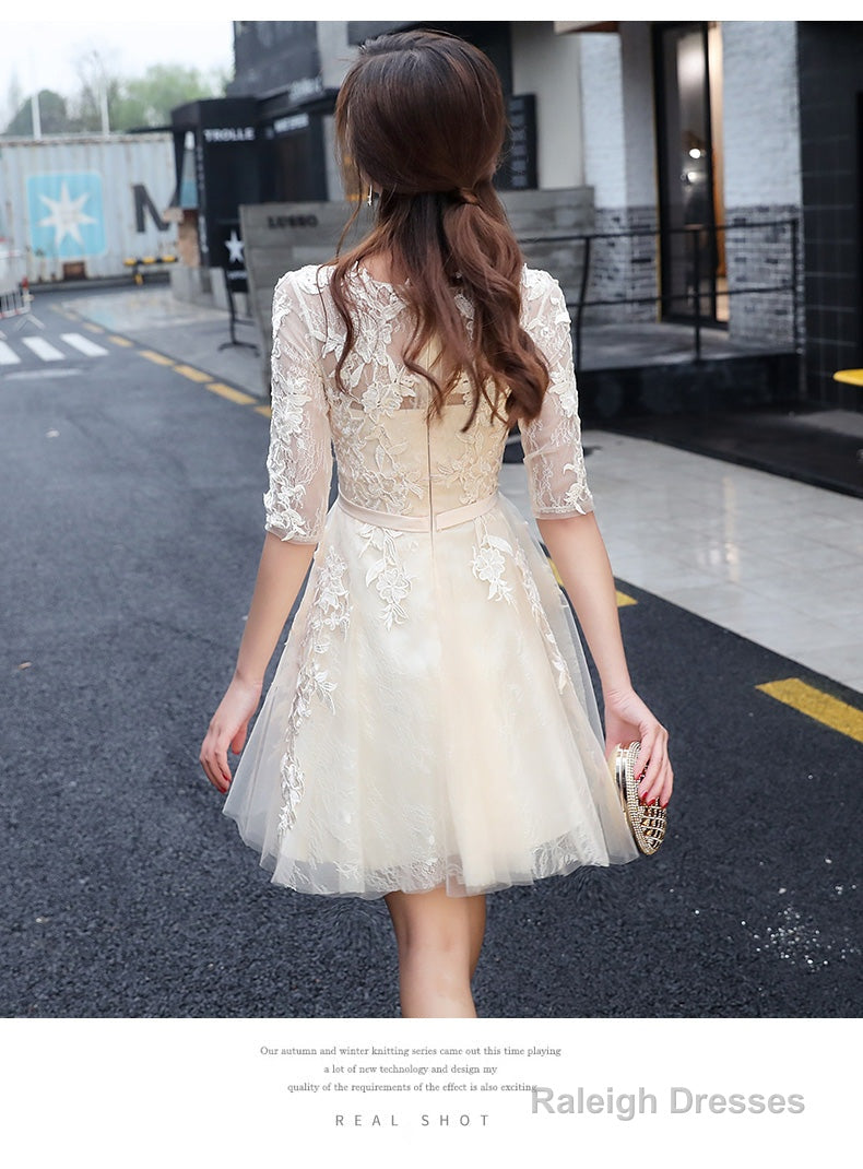 Light Champagne Cute Lace Short Prom Dresses Lovely Lace Tulle Prom Dresses Homecoming Dresses