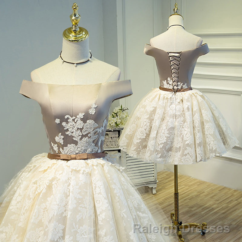Light Champagne Lace and Satin Off Shoulder Party Dress Homecoming Dress, Short Prom Dress Main image