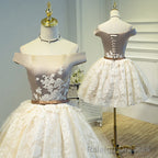 Light Champagne Lace and Satin Off Shoulder Party Dress Homecoming Dress, Short Prom Dress