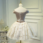Light Champagne Lace and Satin Off Shoulder Party Dress Homecoming Dress, Short Prom Dress