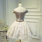 Light Champagne Lace and Satin Off Shoulder Prom Dress Homecoming Dress, Short Prom Dress